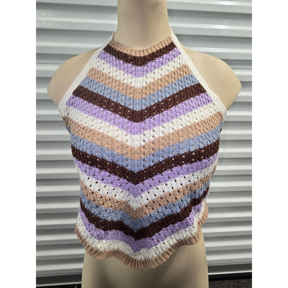 Women Large Crochet Halter Top Chevron Knit Purple Blue Festival Crop bralette